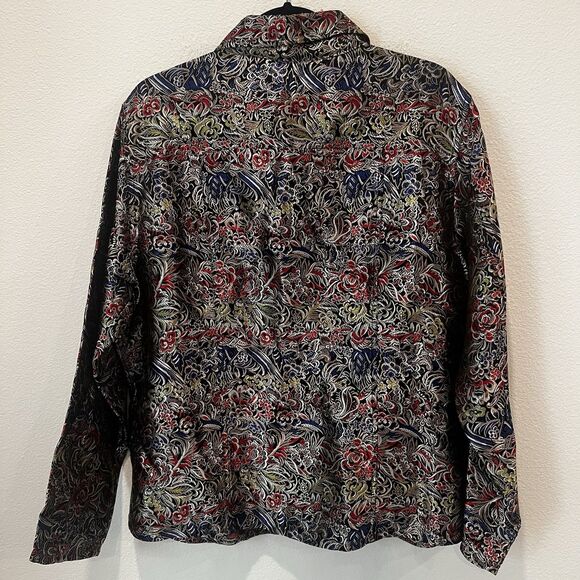 Chico’s Size 3 Multicolored Silk Blend Jacket Asian Inspired Abstract Flaw Read - Picture 4 of 9